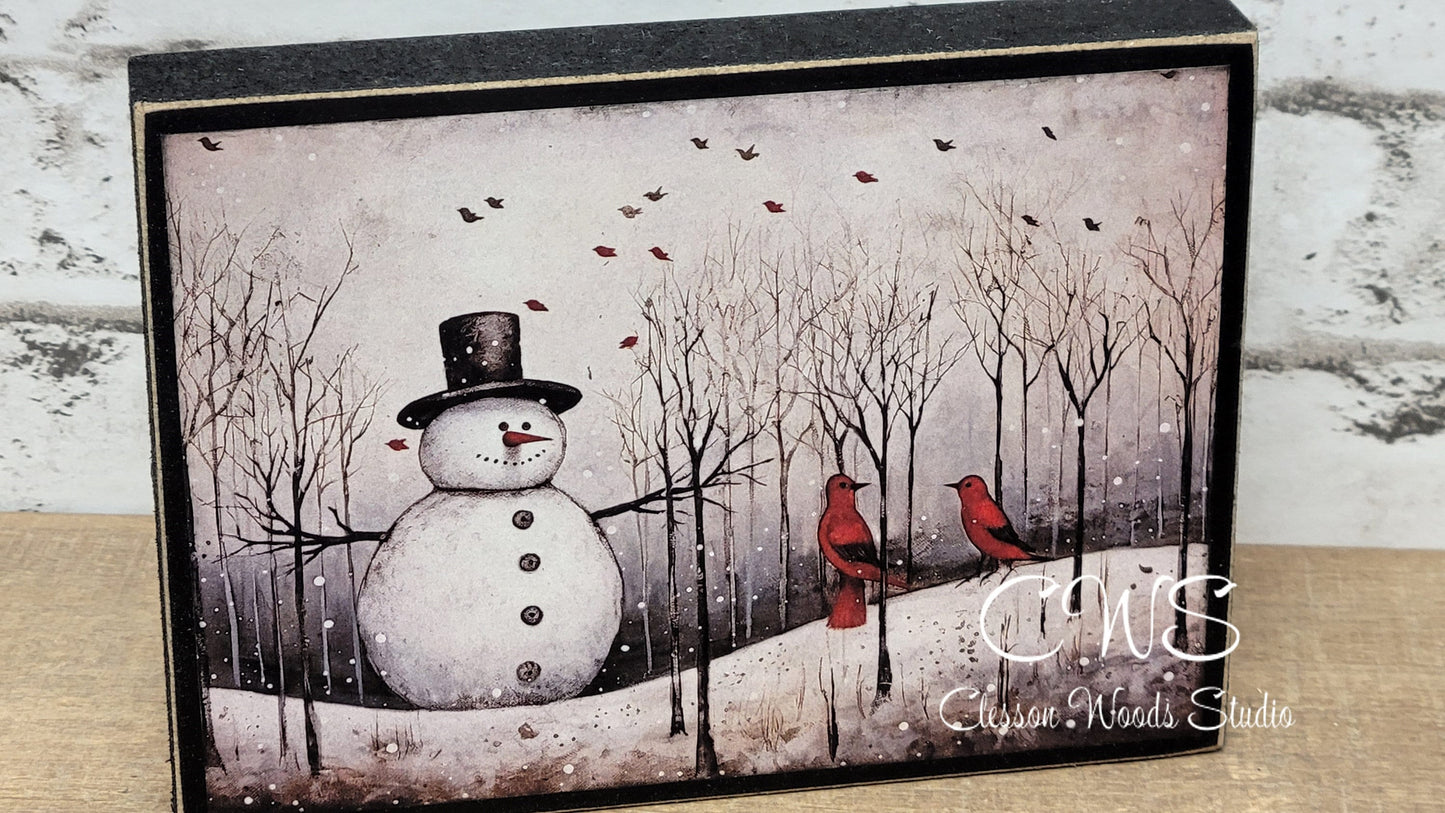 Old Time Snowman 4 Wood Block Sign