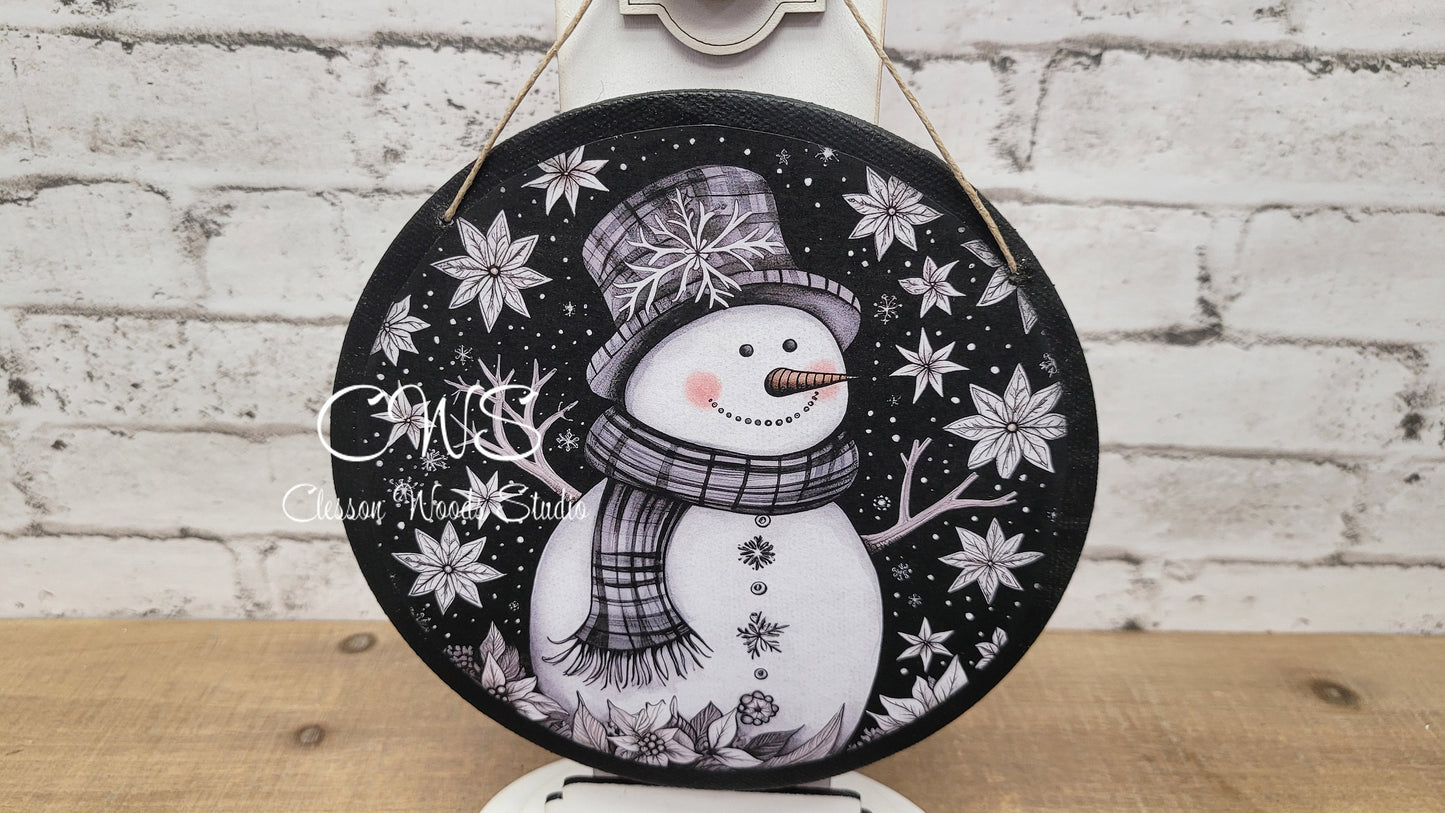 Black and White Snowman 6 Inch Round Hanging Sign