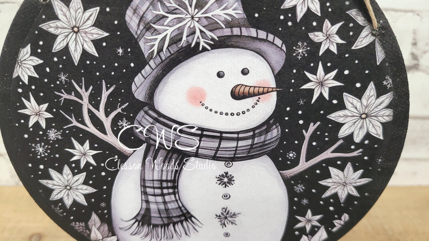 Black and White Snowman 6 Inch Round Hanging Sign