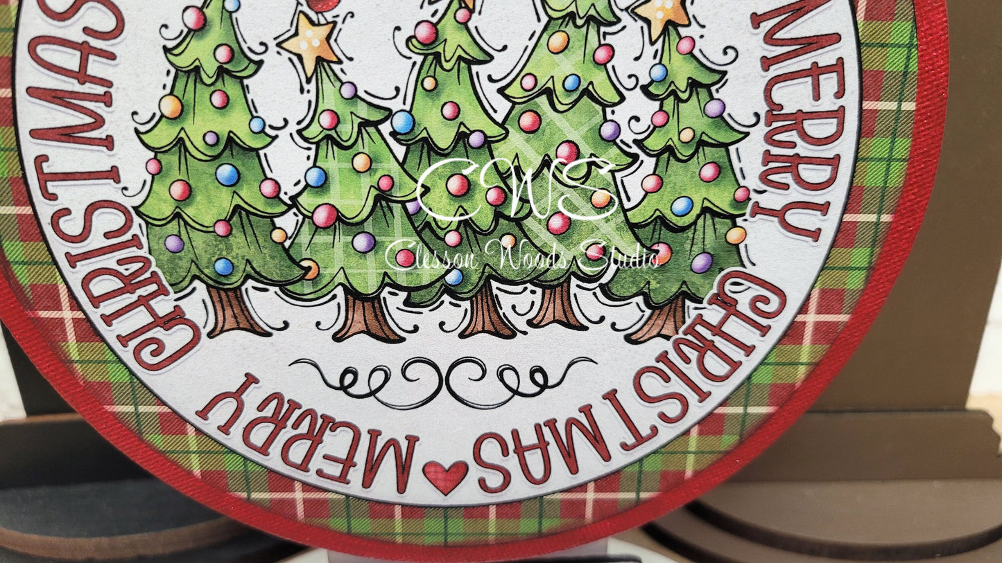 Red Merry Christmas Trees 6 Inch Round Hanging Sign