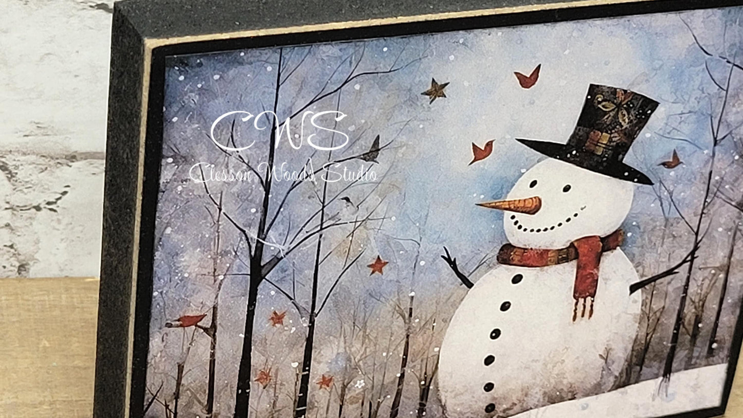 Old Time Snowman 3 Wood Block Sign