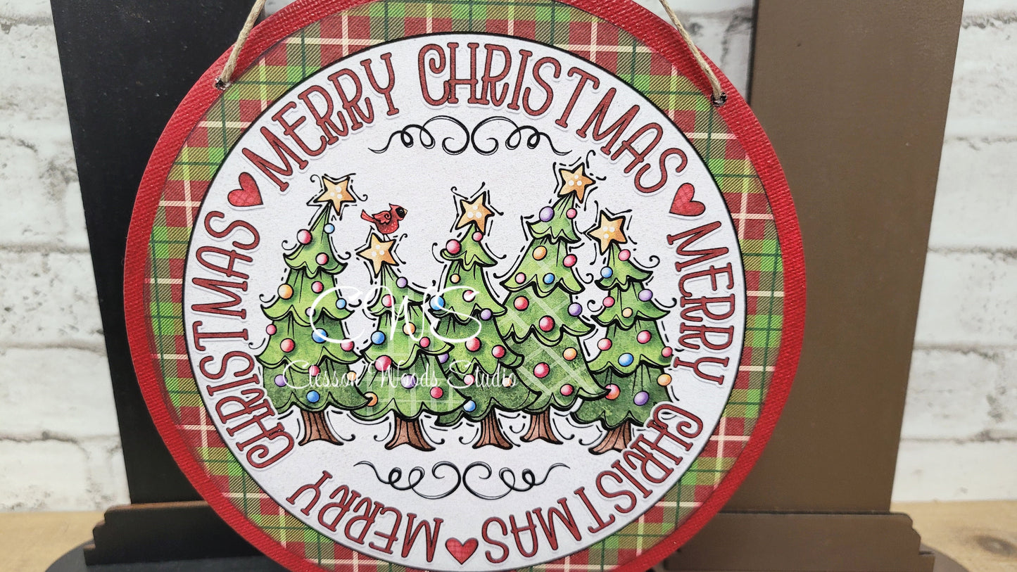 Red Merry Christmas Trees 6 Inch Round Hanging Sign