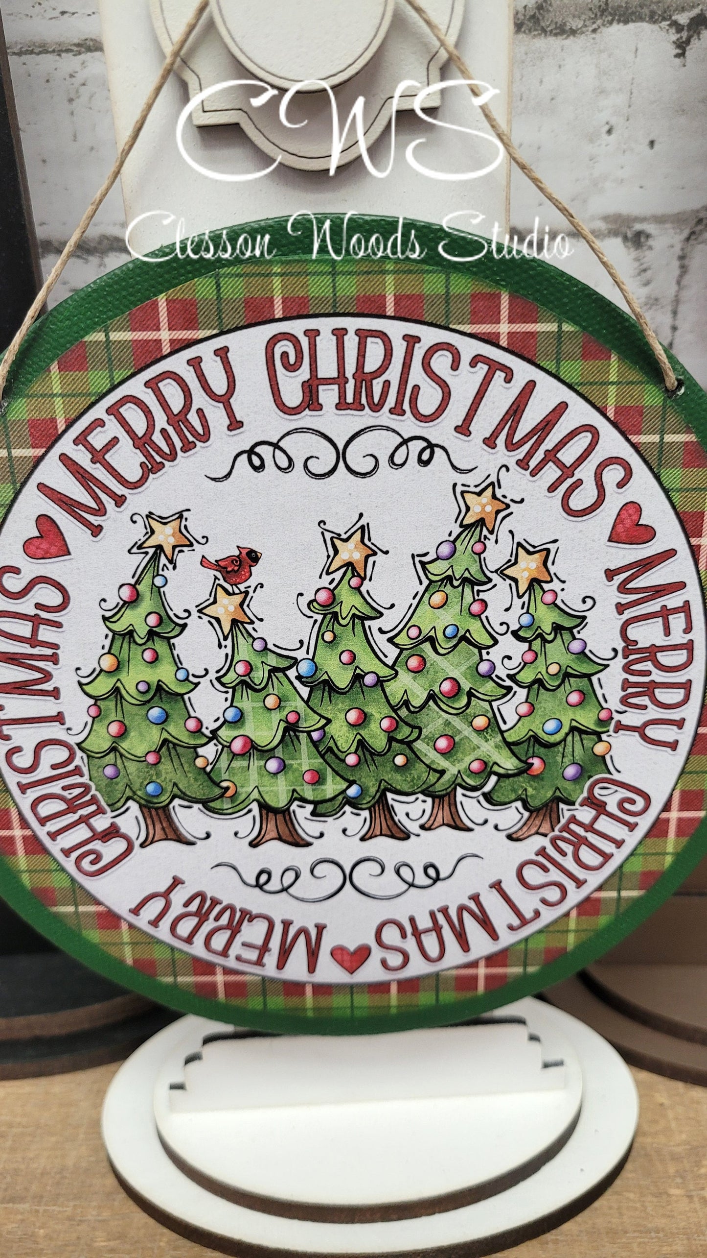 Green Merry Christmas Trees 6 Inch Round Hanging Sign