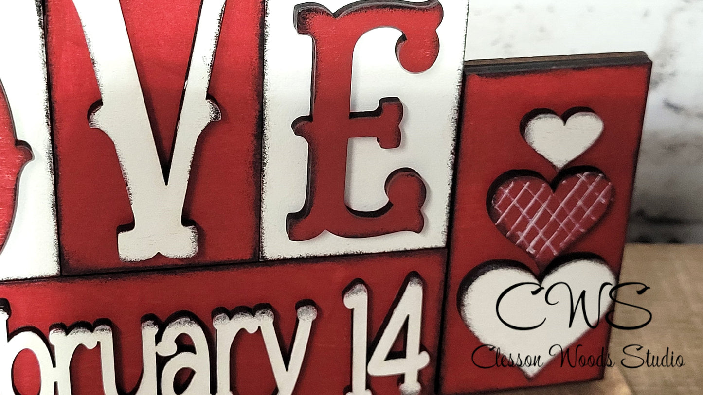 Love February 14 Red and White Word Block Sign