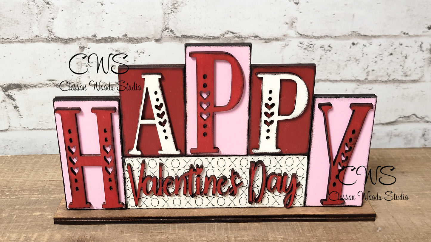 Happy Valentines Day Pink and Red Word Block Sign