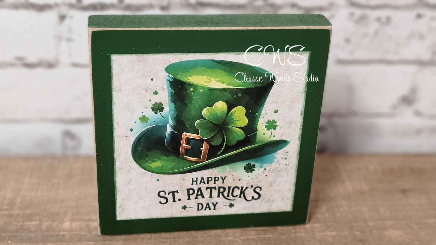 Happy St. Patrick's Day Hat Square Wood Sign