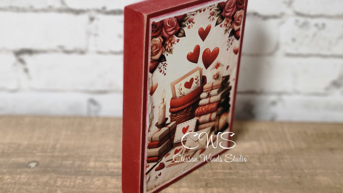 Valentine Books, Love Letters and Blanket Wood Block Sign