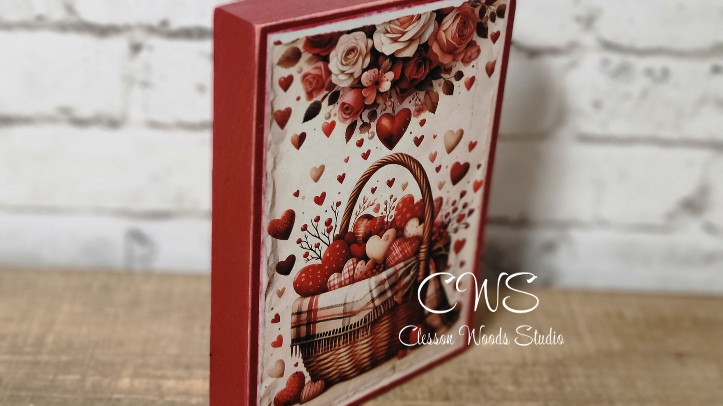 Valentine Basket of Hearts Wood Block Sign