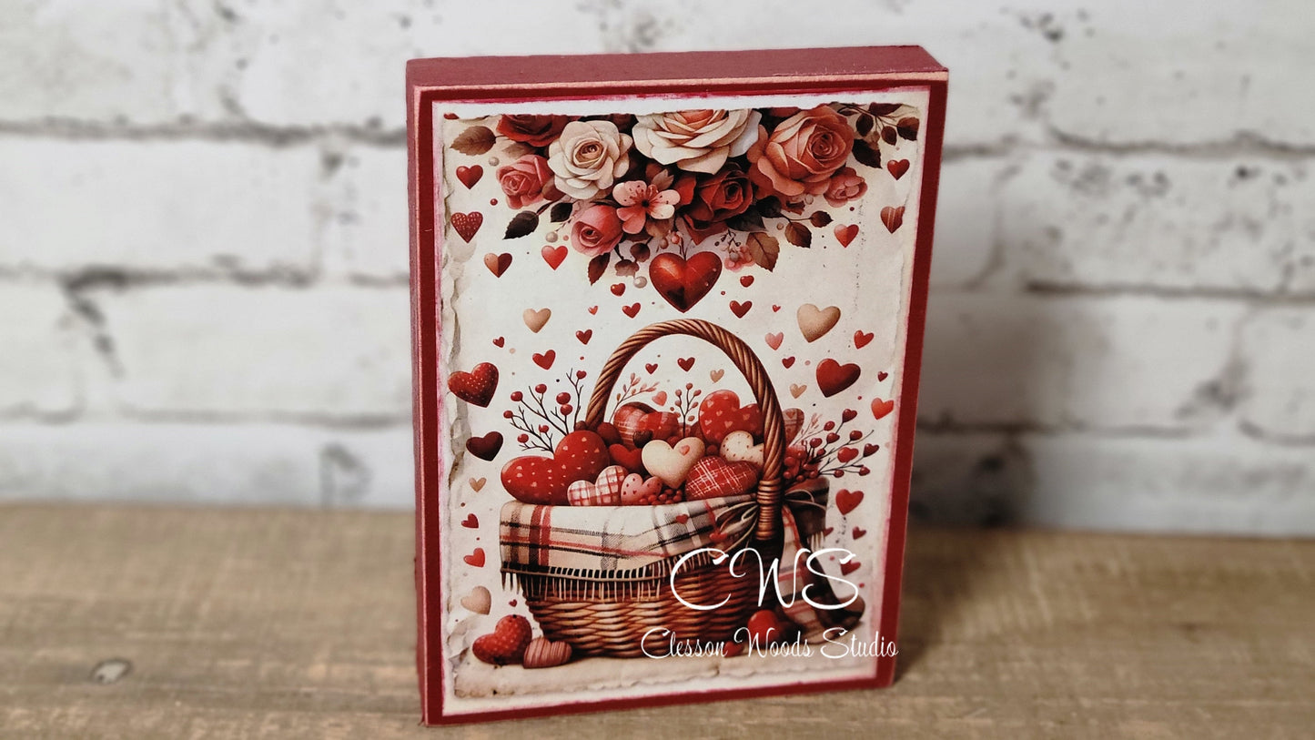 Valentine Basket of Hearts Wood Block Sign