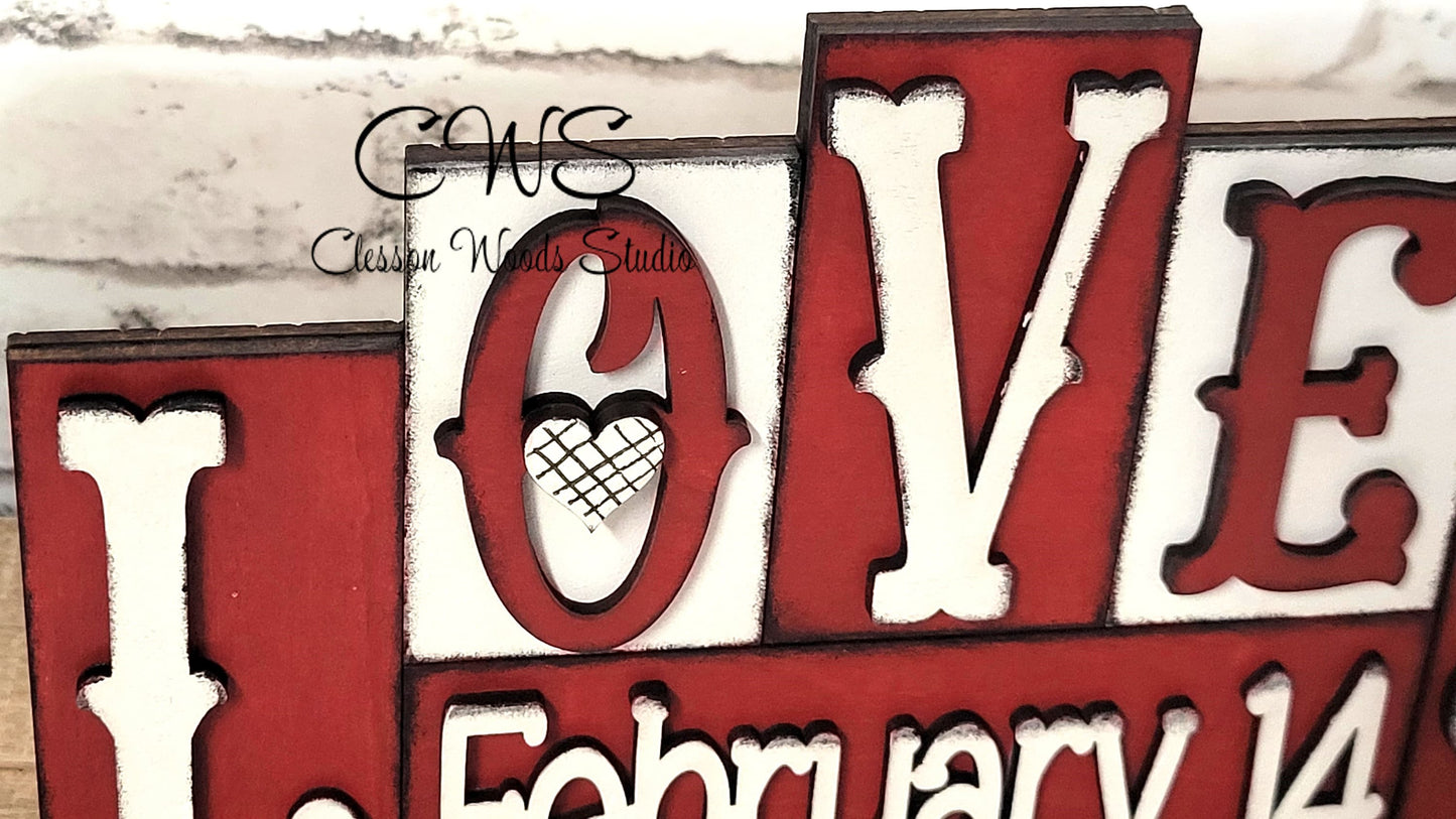 Love February 14 Red and White Word Block Sign