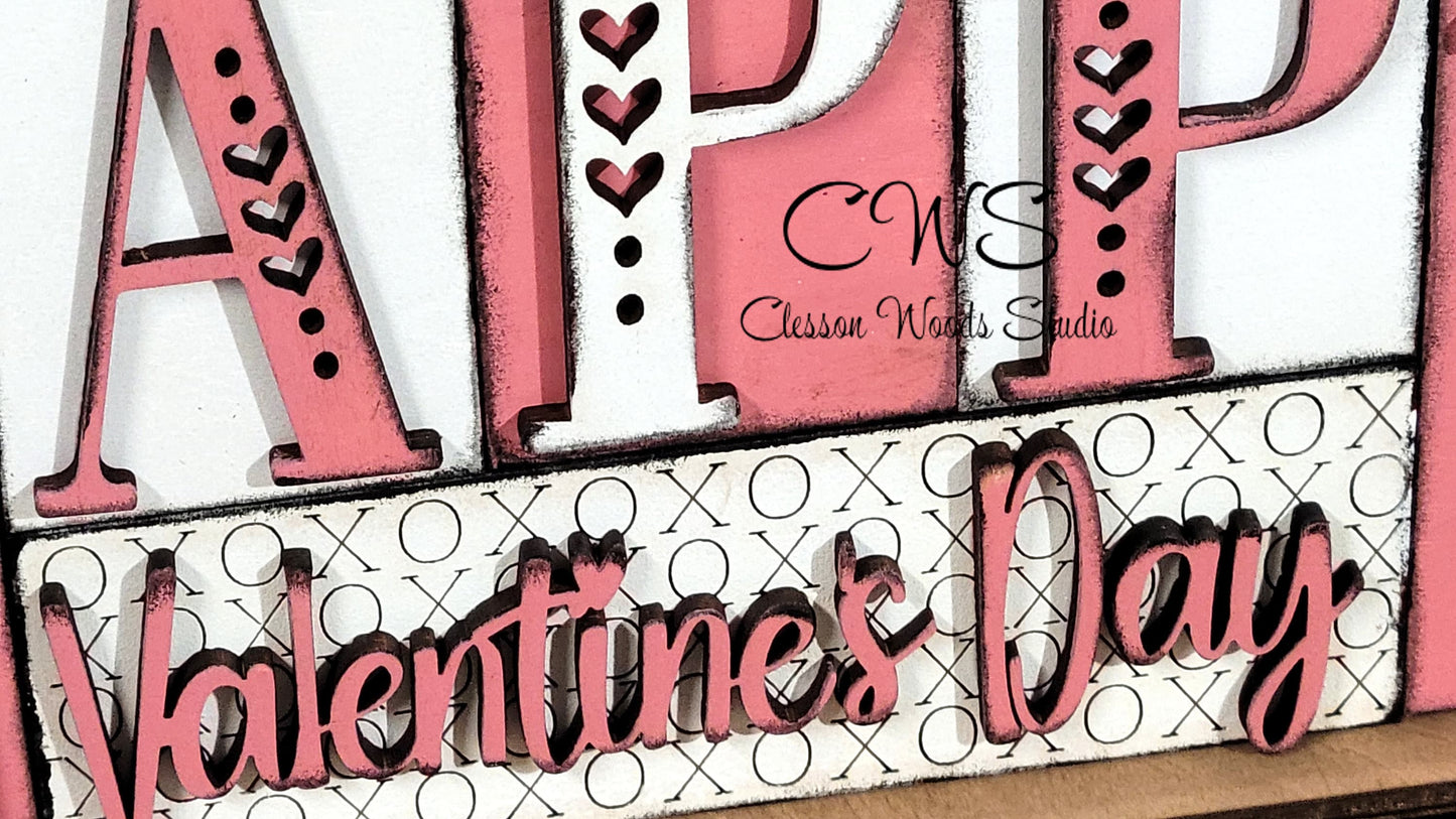 Happy Valentines Day Pink and White Word Block Sign