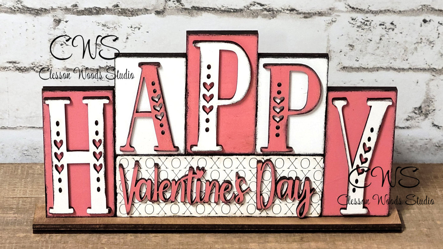 Happy Valentines Day Pink and White Word Block Sign