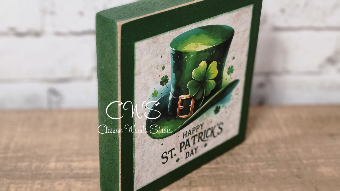 Happy St. Patrick's Day Hat Square Wood Sign