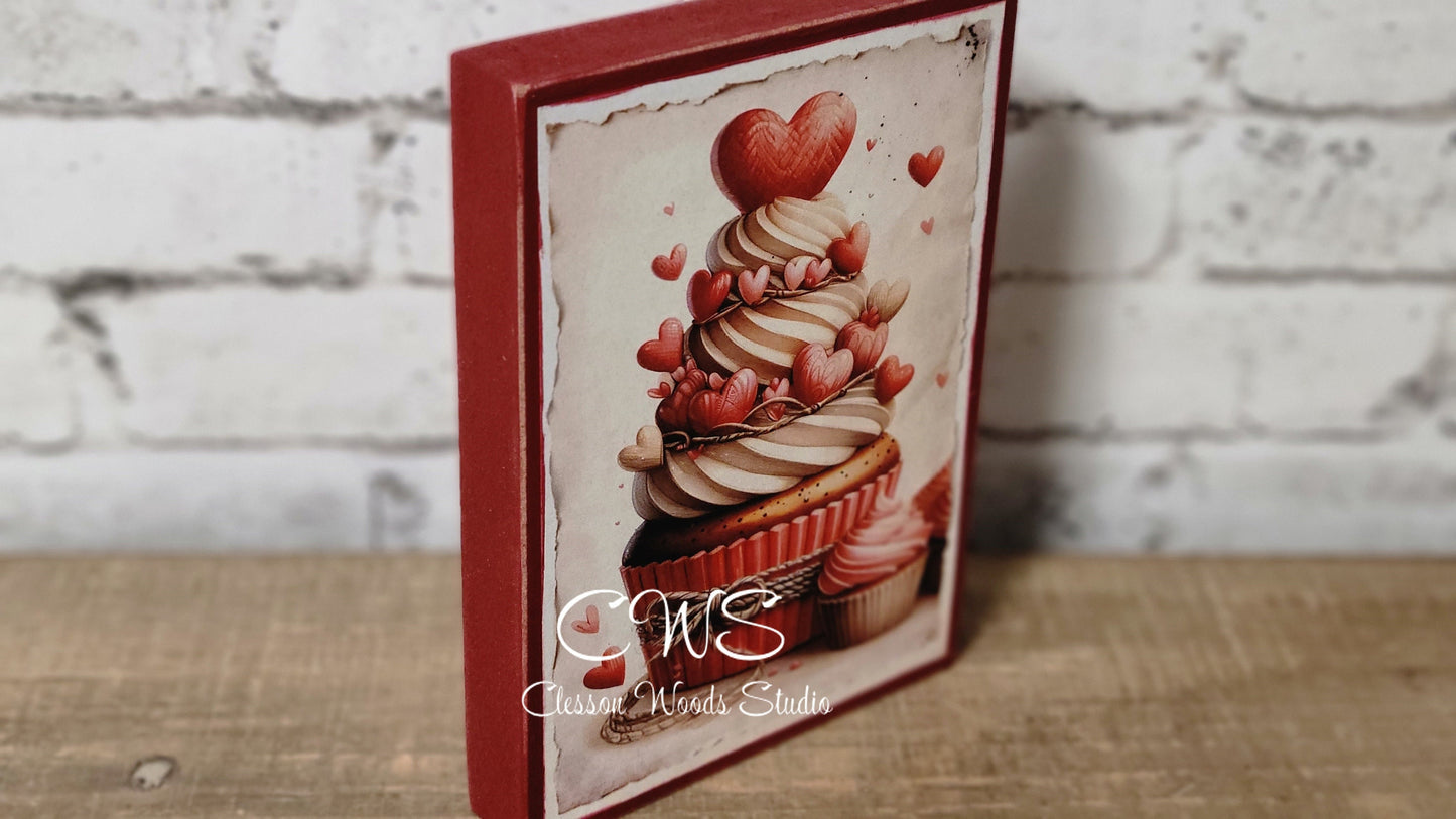 Valentine Cupcake Wood Block Sign