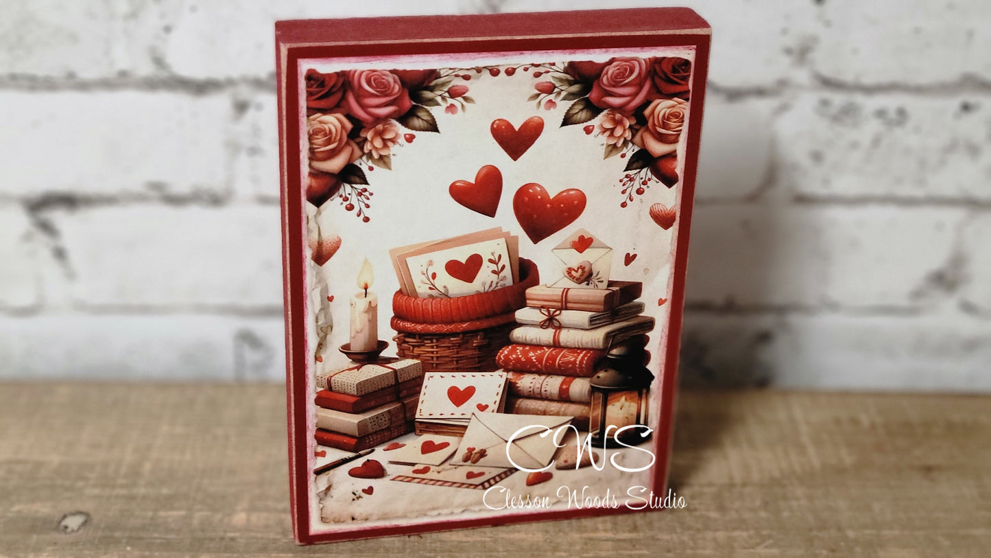 Valentine Books, Love Letters and Blanket Wood Block Sign