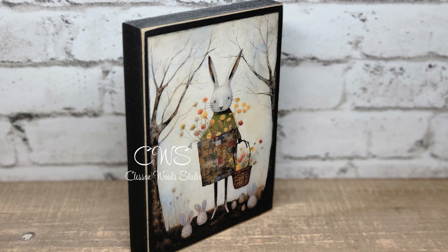 Primitive Easter Bunny 6 Black Wood Block Sign