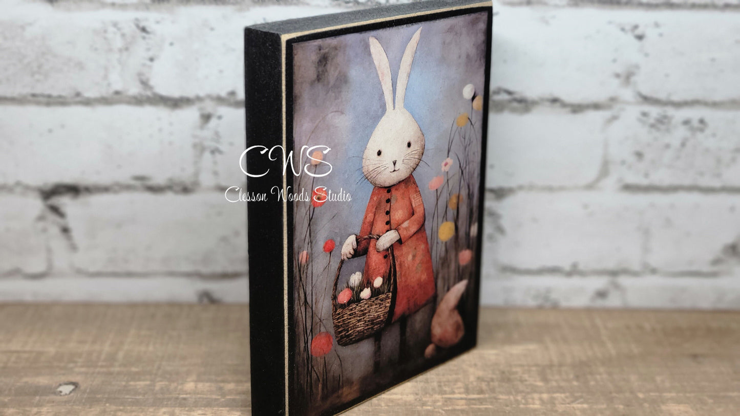 Primitive Easter Bunny 2 Black Wood Block Sign