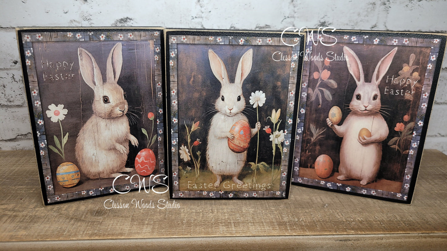 Primitive Easter Bunny Happy Easter Black Wood Block Sign