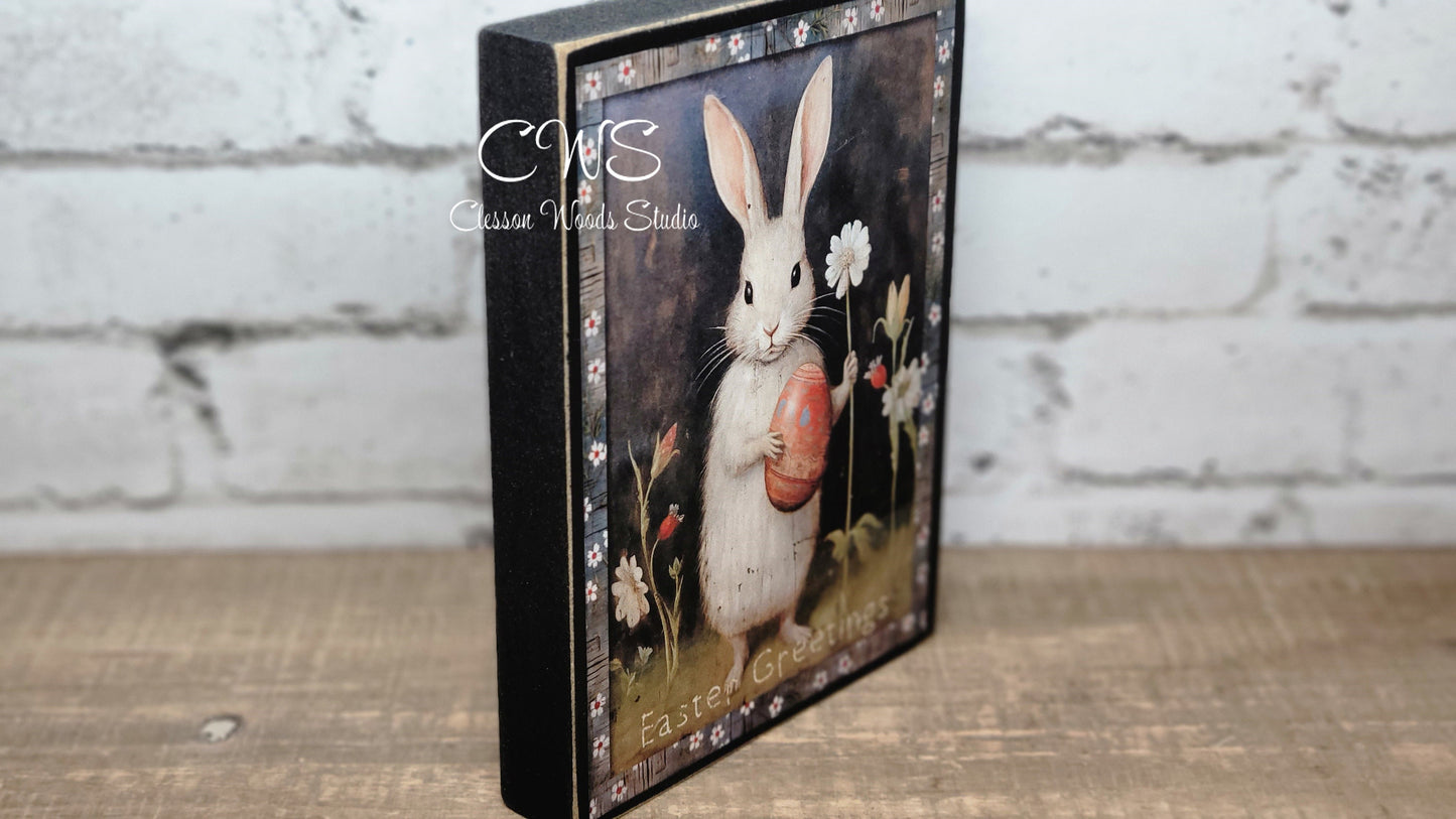 Primitive Easter Bunny Easter Greetings Black Wood Block Sign