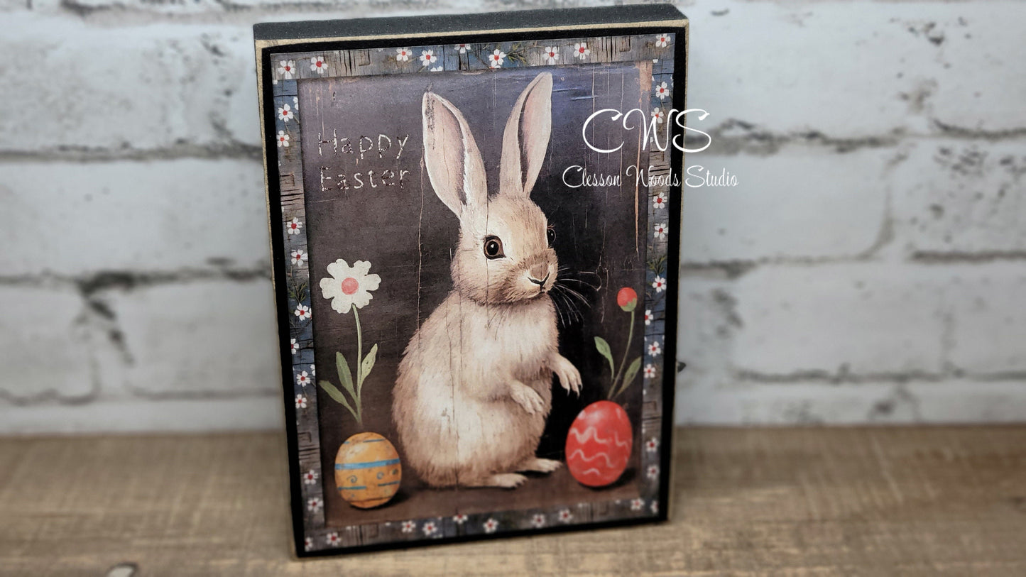 Primitive Easter Bunny Black Wood Block Sign
