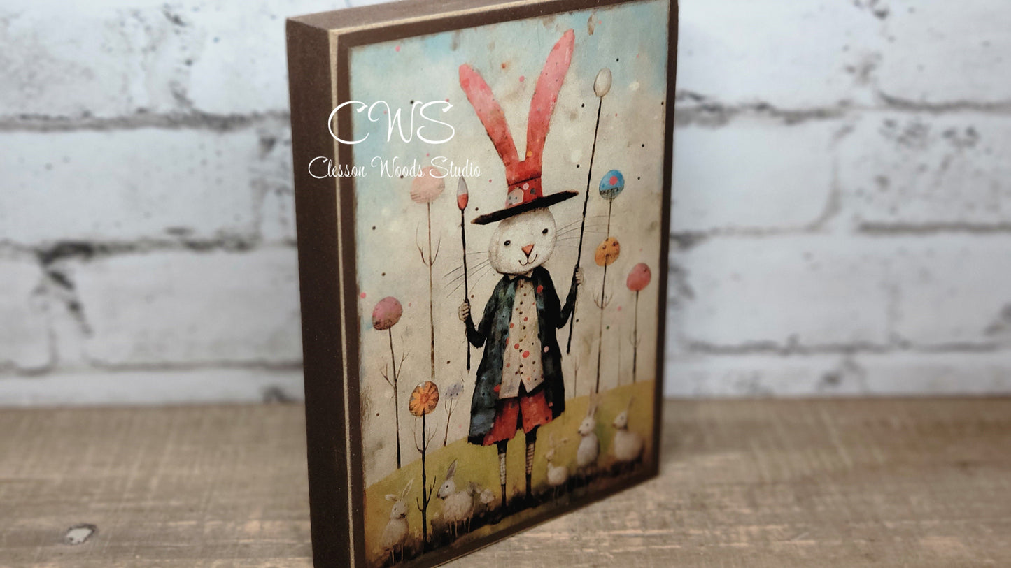 Primitive Easter Bunny 6 Brown Wood Block Sign
