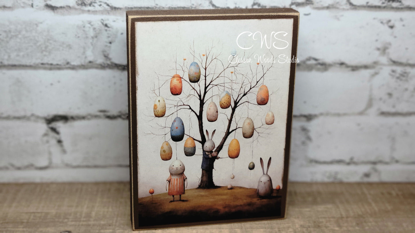 Primitive Easter Brown 5 Wood Block Sign