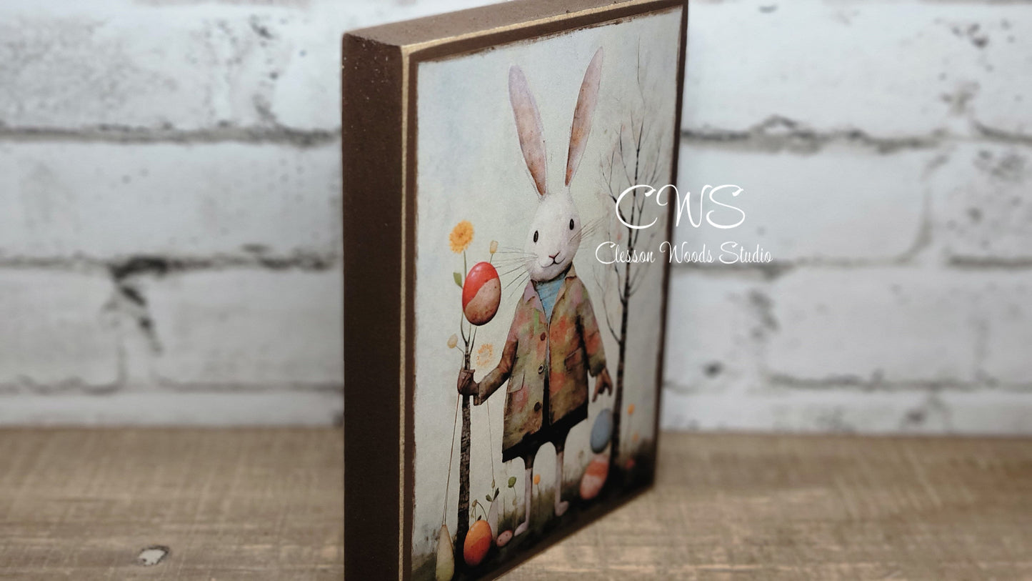 Primitive Easter Bunny 2 Brown Wood Block Sign