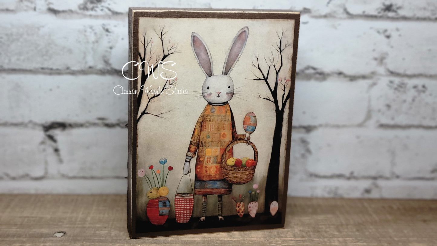 Primitive Easter Bunny 1 Brown Wood Block Sign