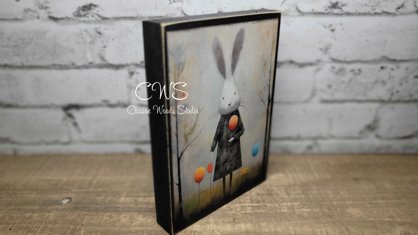 Primitive Easter Bunny 8 Black Wood Block Sign