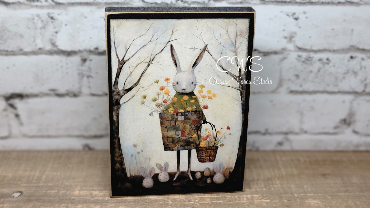 Primitive Easter Bunny 6 Black Wood Block Sign