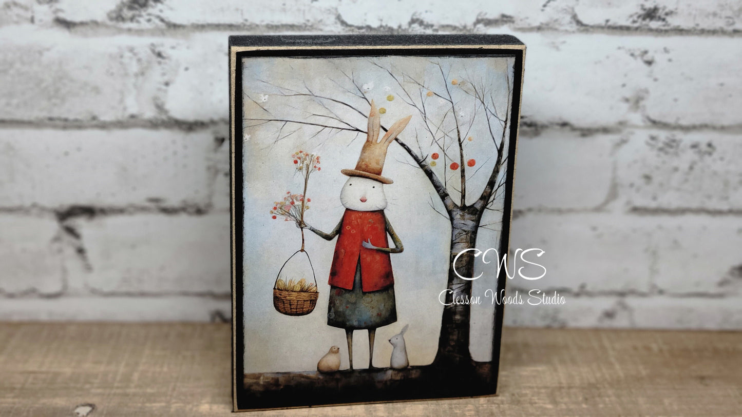Primitive Easter Bunny 5 Black Wood Block Sign