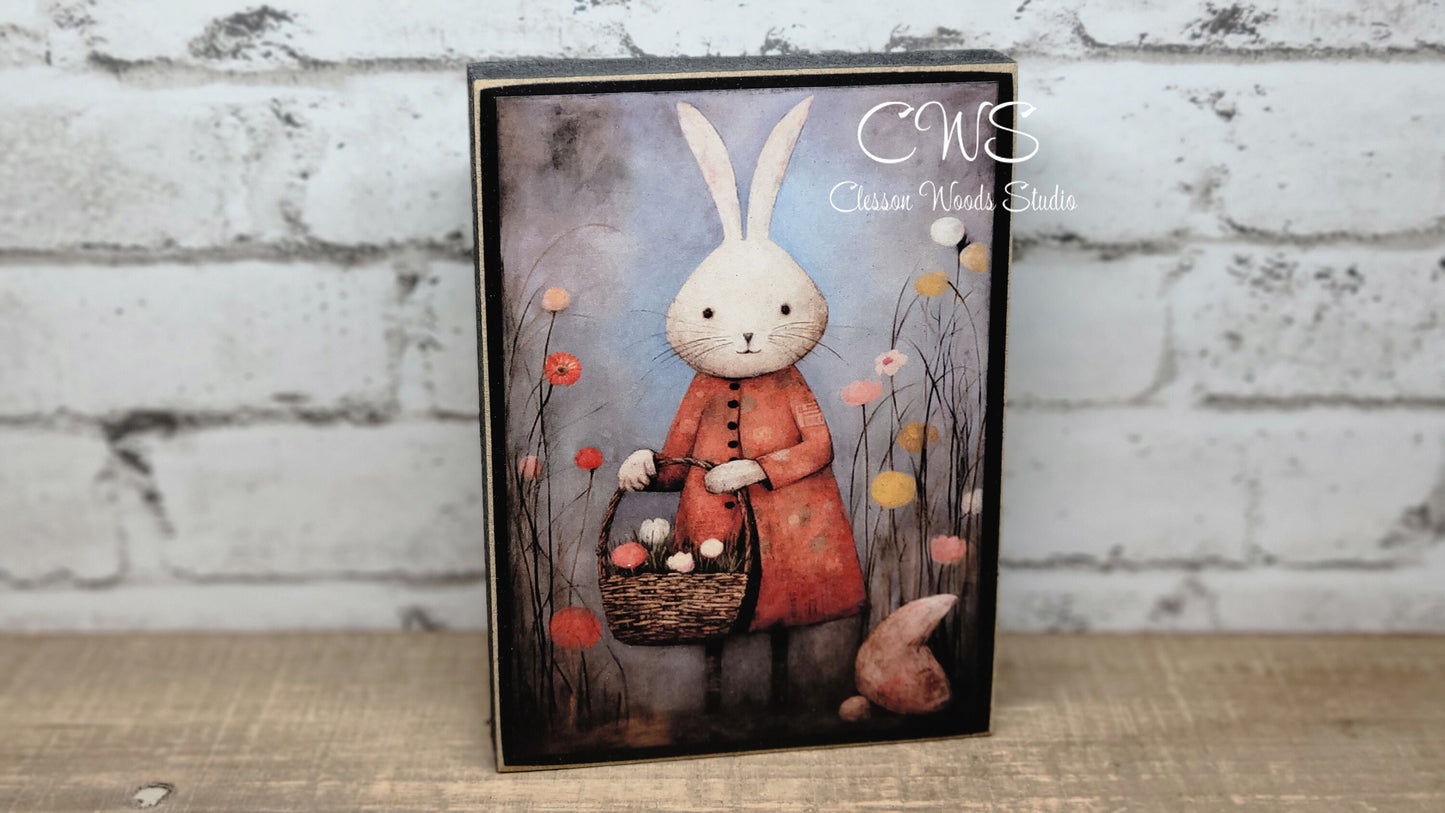 Primitive Easter Bunny 2 Black Wood Block Sign