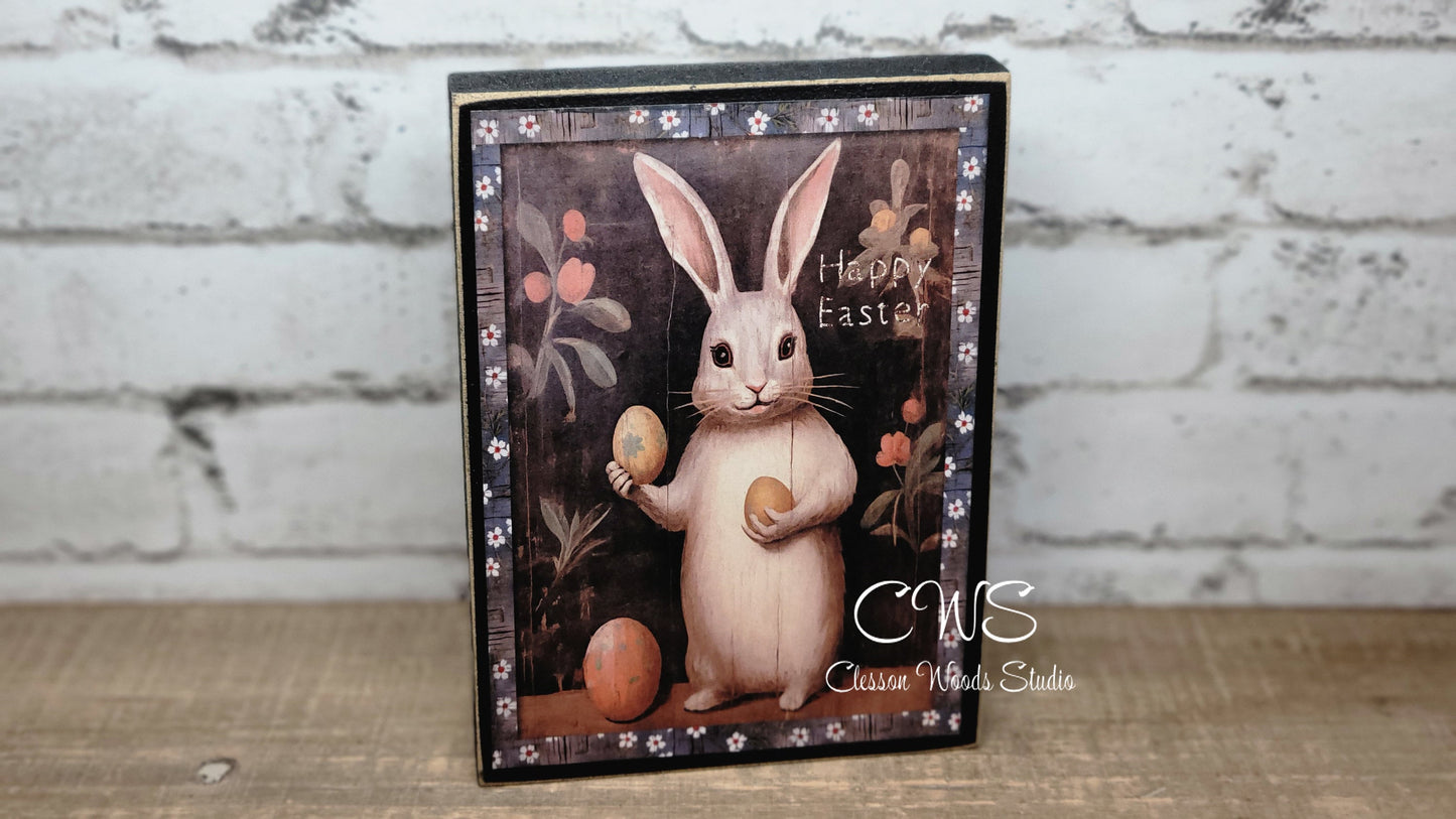 Primitive Easter Bunny Happy Easter Black Wood Block Sign