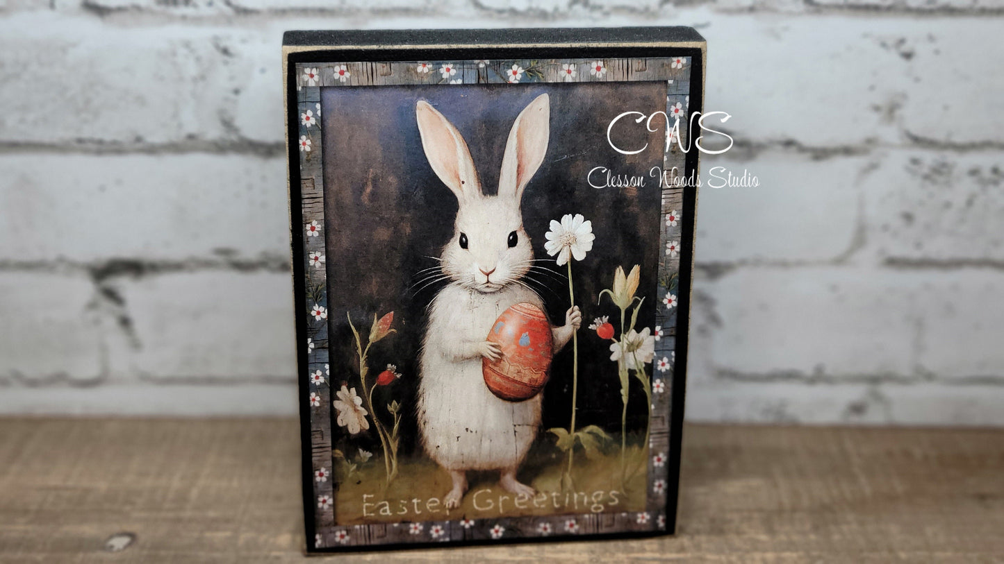 Primitive Easter Bunny Easter Greetings Black Wood Block Sign