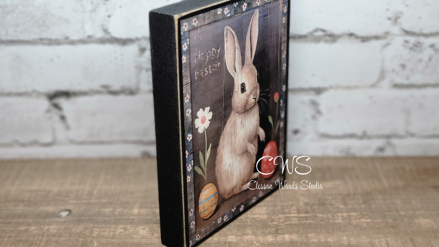Primitive Easter Bunny Black Wood Block Sign