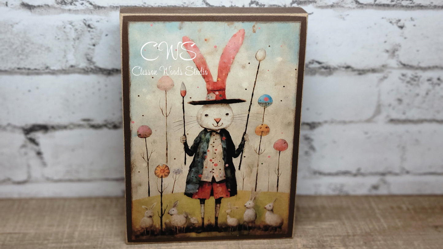 Primitive Easter Bunny 6 Brown Wood Block Sign