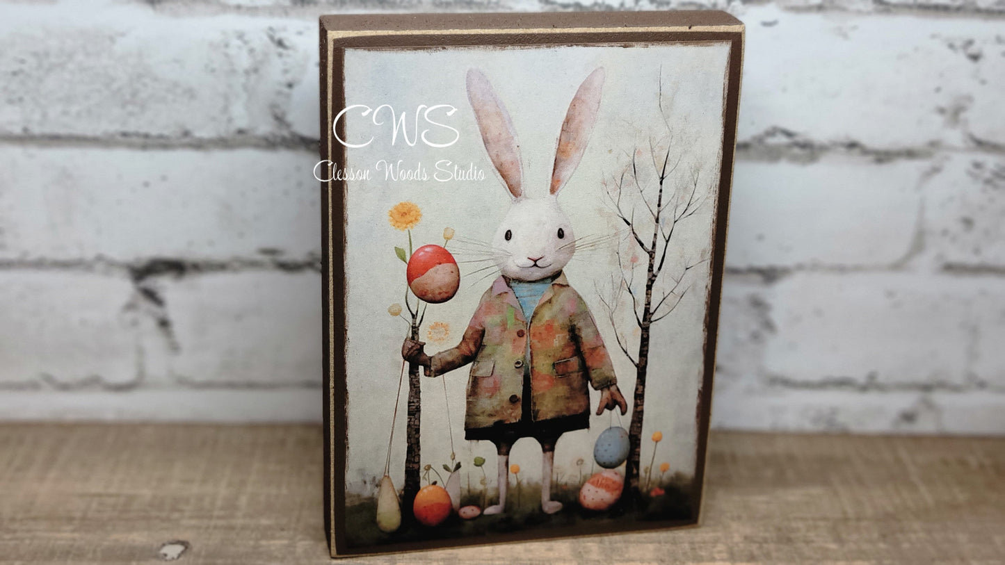 Primitive Easter Bunny 2 Brown Wood Block Sign