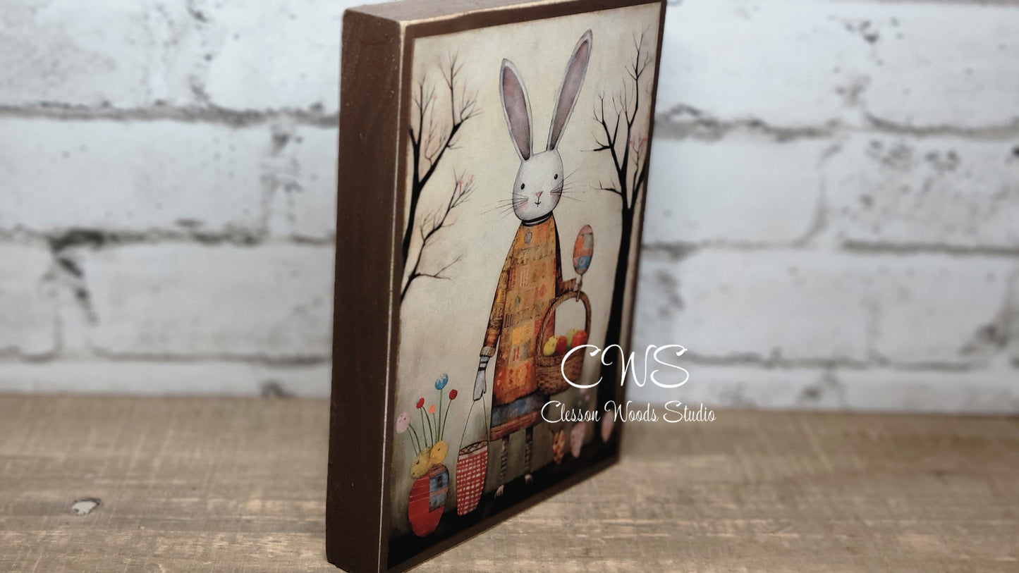 Primitive Easter Bunny 1 Brown Wood Block Sign