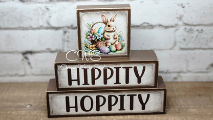 Hippity Hoppity Hello Spring Reversible Spring Brown Wood Block Stack