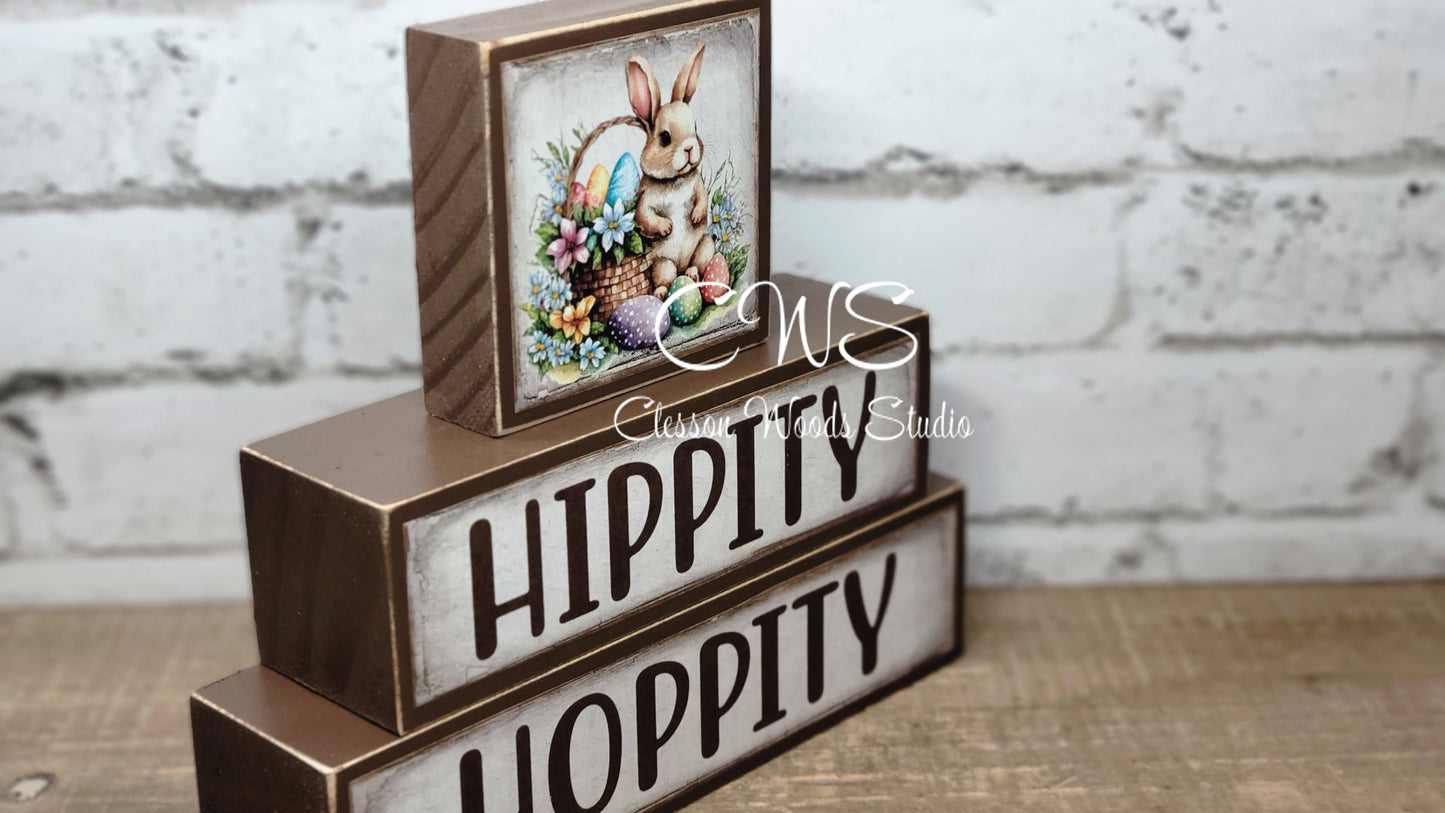 Hippity Hoppity Hello Spring Reversible Spring Brown Wood Block Stack