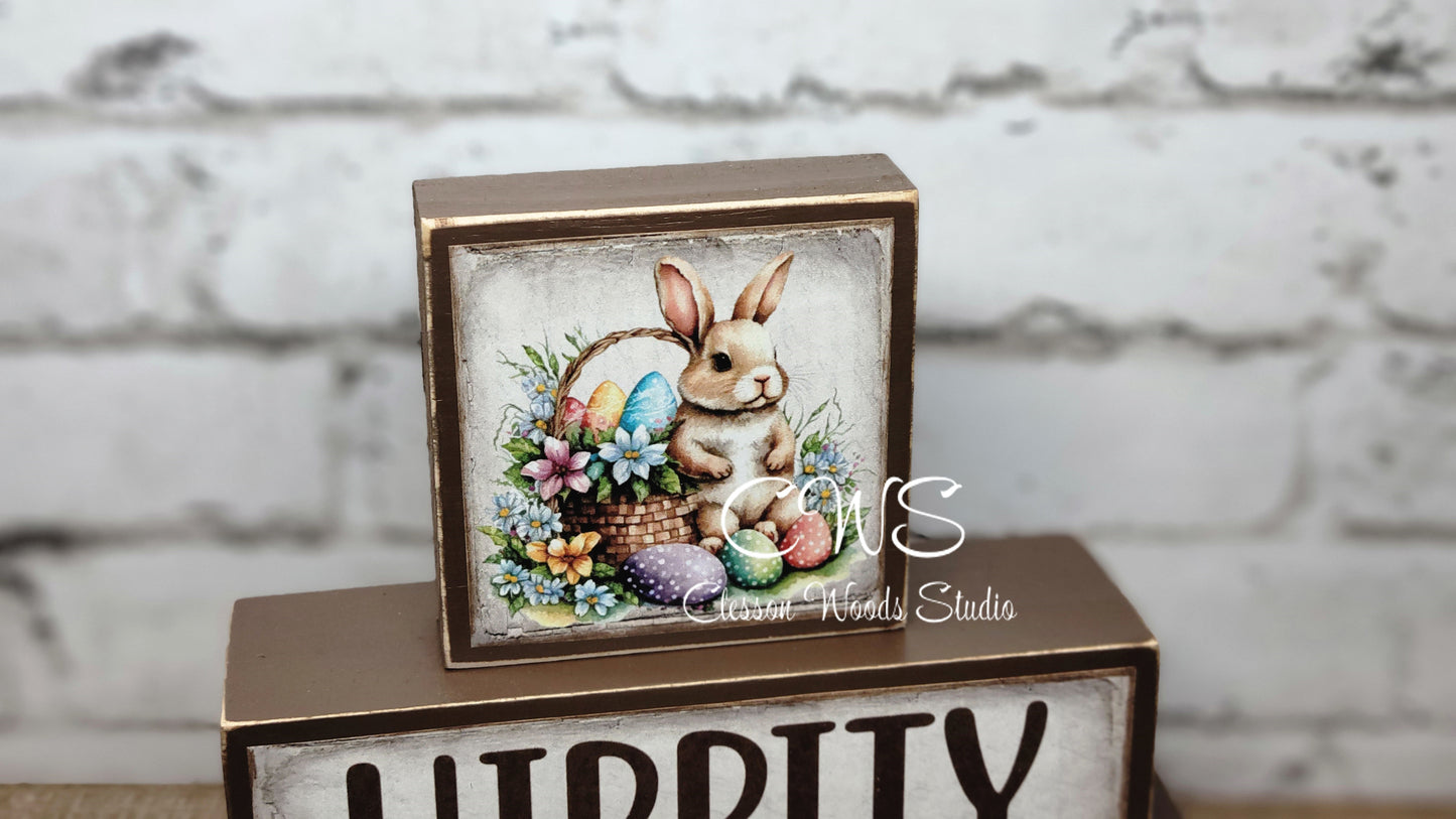 Hippity Hoppity Hello Spring Reversible Spring Brown Wood Block Stack