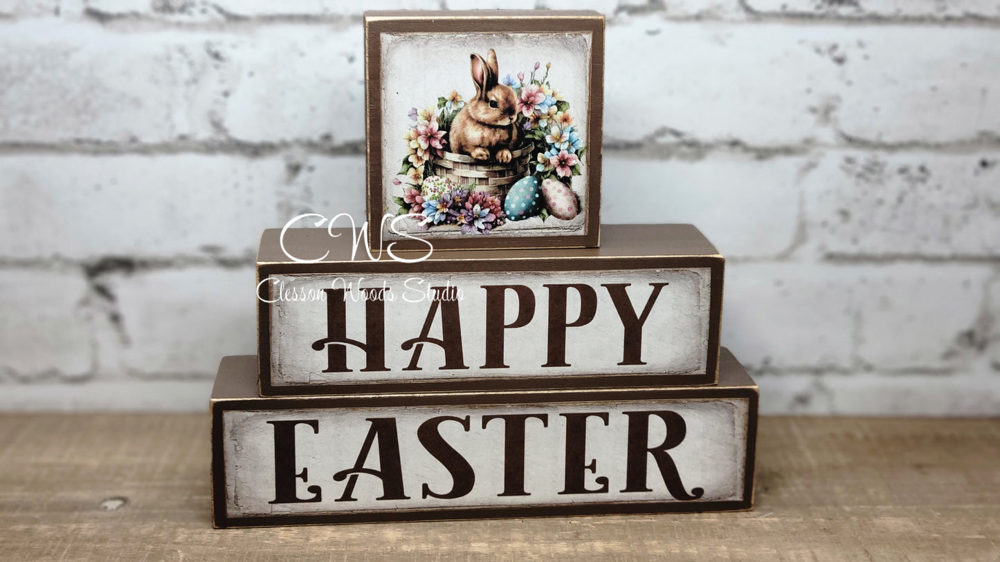 Happy Easter Hello Spring Reversible Spring Brown Wood Block Stack