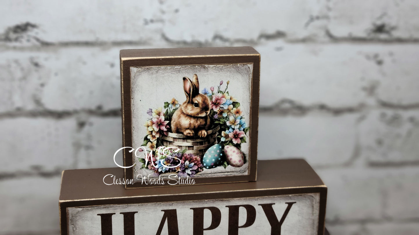 Happy Easter Hello Spring Reversible Spring Brown Wood Block Stack