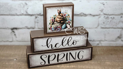Happy Easter Hello Spring Reversible Spring Brown Wood Block Stack