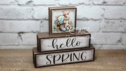 Hippity Hoppity Hello Spring Reversible Spring Brown Wood Block Stack