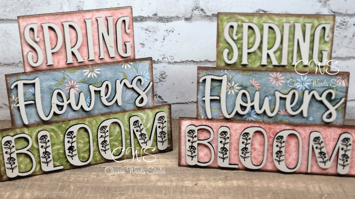 Spring Flowers Bloom Word Block Stack Sign