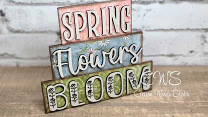 Spring Flowers Bloom Word Block Stack Sign