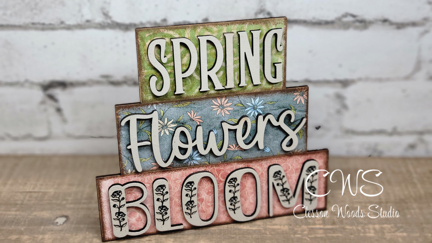 Spring Flowers Bloom Word Block Stack Sign