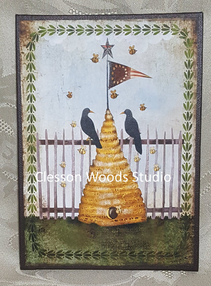 Beehive, Flag and Crows 5"x7" Canvas Insert