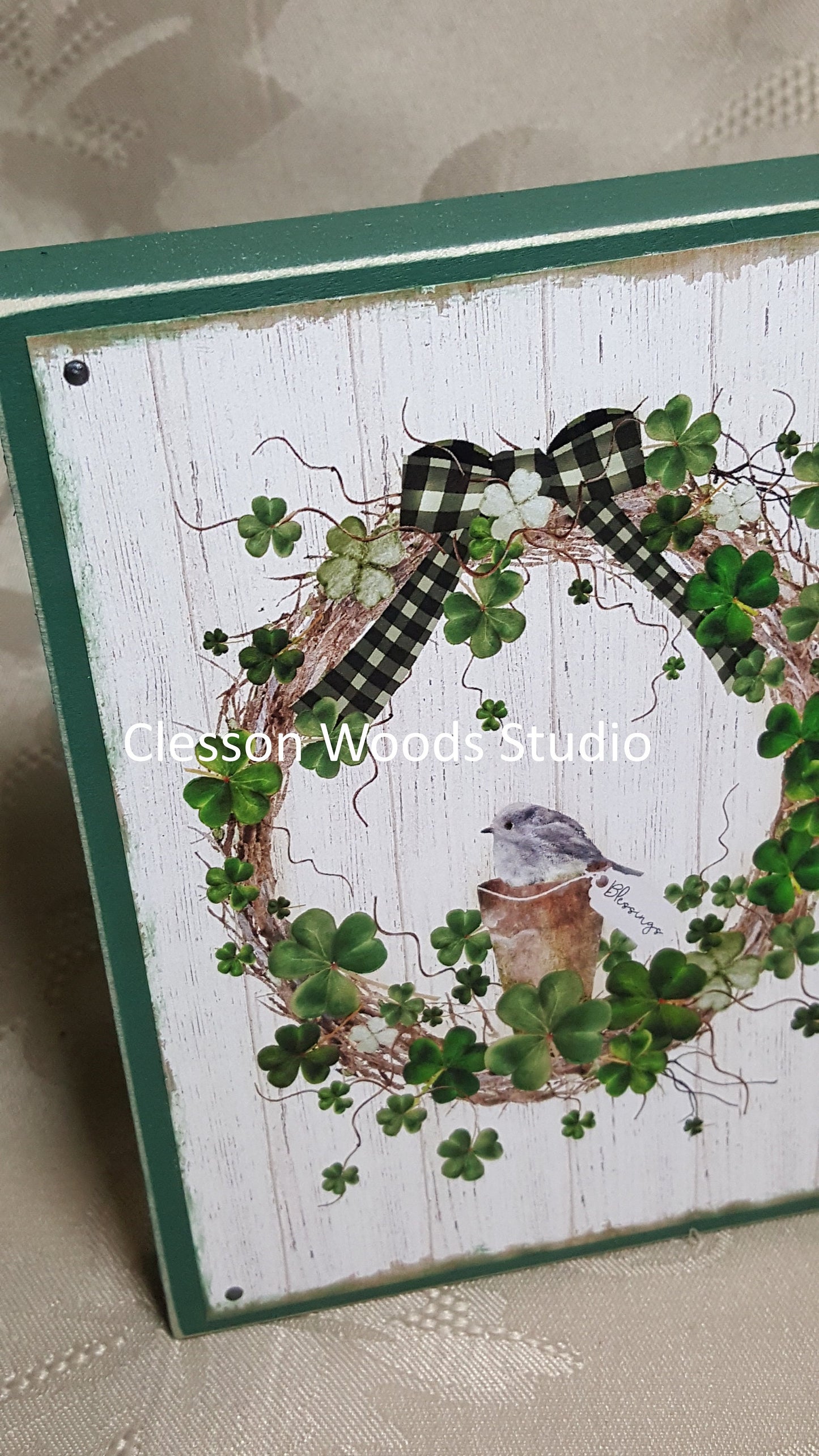 St Patrick's Day Wreath Small Wood Block Sign